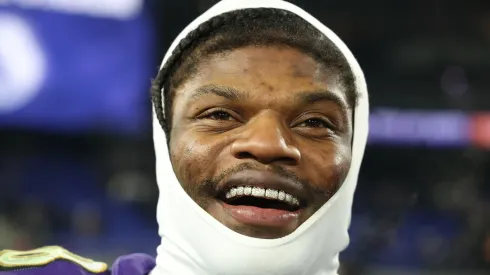 Lamar Jackson #8 of the Baltimore Ravens looks on after the game against the Pittsburgh Steelers of the AFC Wild Card Playoff at M&T Bank Stadium on January 11, 2025 in Baltimore, Maryland.