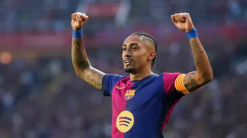 Raphinha of FC Barcelona celebrates (Alex Caparros/Getty Images)