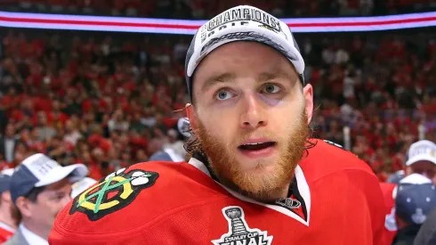 Patrick Kane #88 of the Chicago Blackhawks celebrates after defeating the Tampa Bay Lightning by a score of 2-0 in Game Six to win the 2015 NHL Stanley Cup Final at the United Center on June 15, 2015 in Chicago, Illinois.