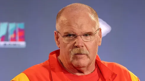 Head coach Andy Reid of the Kansas City Chiefs speaks to the media during the Kansas City Chiefs media availability prior to Super Bowl LVII at the Hyatt Regency Gainey Ranch on February 07, 2023 in Scottsdale, Arizona.