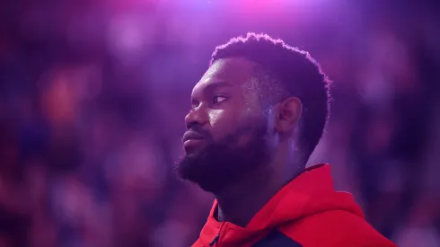 Zion Williamson #1 of the New Orleans Pelicans stands for the national anthem before their game against the Golden State Warriors at Chase Center on October 30, 2024 in San Francisco, California.
