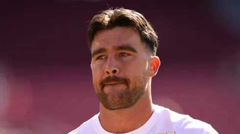 Travis Kelce #87 of the Kansas City Chiefs warms up prior to a game against the San Francisco 49ers at Levi's Stadium on October 20, 2024 in Santa Clara, California.