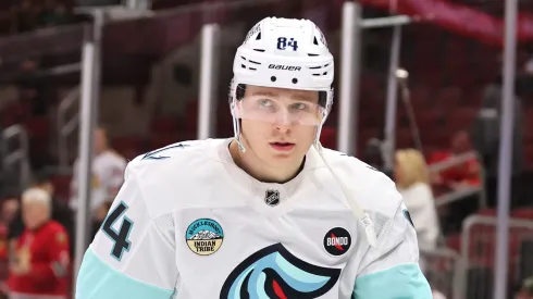 Kaapo Kakko #84 of the Seattle Kraken warms up prior to the game against the Chicago Blackhawks at the United Center on December 19, 2024 in Chicago, Illinois. Kaapo Kakko is playing his first game for the Seattle Kraken after being acquired in a trade with the New York Rangers on December 18th.