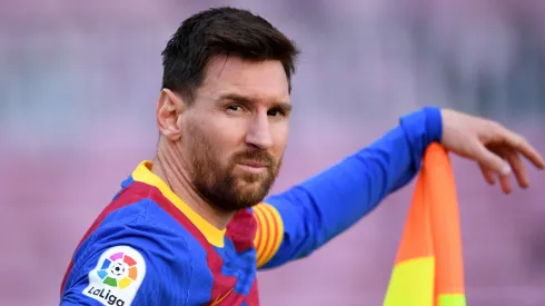 Lionel Messi of FC Barcelona looks on during the La Liga Santander match between FC Barcelona and Atletico de Madrid at Camp Nou on May 08, 2021 in Barcelona, Spain.