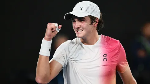 Joao Fonseca of Brazil celebrates a point against Andrey Rublev in the Men's Singles First Round match during the 2025 Australian Open.