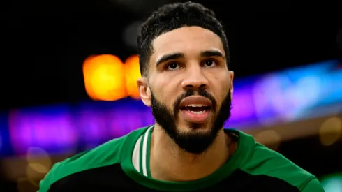 Jayson Tatum #0 of the Boston Celtics looks on before a game against the Sacramento Kings at TD Garden.