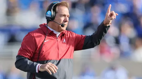 Nick Saban the head coach of the Alabama Crimson Tide against the Kentucky Wildcats at Kroger Field on November 11, 2023 in Lexington, Kentucky.
