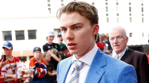 Connor Bedard arrives for the first round of the 2023 Upper Deck NHL Draft at Bridgestone Arena on June 28, 2023 in Nashville, Tennessee.