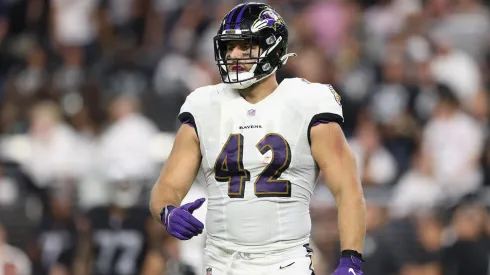 Fullback Patrick Ricard #42 of the Baltimore Ravens during the NFL game against the Las Vegas Raiders at Allegiant Stadium on September 13, 2021 in Las Vegas, Nevada. The Raiders defeated the Ravens 33-27 in overtime.