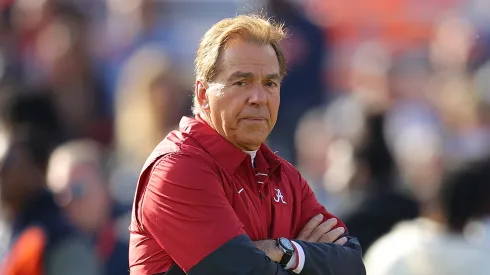 Head coach Nick Saban of the Alabama Crimson Tide looks on during warm up prior to the game against Auburn Tigers at Jordan-Hare Stadium on November 25, 2023 in Auburn, Alabama.