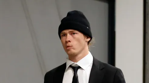 Morgan Geekie #67 of the Seattle Kraken arrives before the game against the Calgary Flames at Climate Pledge Arena on December 28, 2022 in Seattle, Washington.