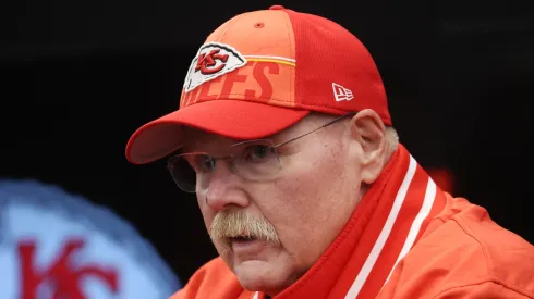 Head coach Andy Reid talks to the media during a Kansas City press conference at DFB Campus on November 03, 2023 in Frankfurt am Main, Germany.