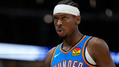 Shai Gilgeous-Alexander #2 of the Oklahoma City Thunder reacts against the Chicago Bulls in the first half at the United Center on October 26, 2024 in Chicago, Illinois.