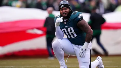 Jalen Carter #98 of the Philadelphia Eagles looks on before the game against the Los Angeles Rams during the NFC Divisional Playoff at Lincoln Financial Field on January 19, 2025 in Philadelphia, Pennsylvania.