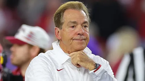 Head coach Nick Saban of the Alabama Crimson Tide looks on during pregame warmups prior to facing the LSU Tigers at Bryant-Denny Stadium on November 04, 2023 in Tuscaloosa, Alabama.