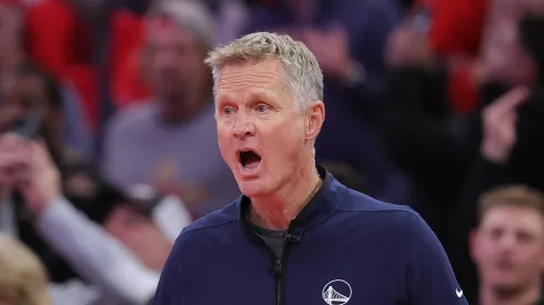Head coach Steve Kerr of the Golden State Warriors reacts during the second half of a quarterfinal game against the Houston Rockets