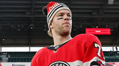 Taylor Hall #71 of the Chicago Blackhawks takes the ice before practice prior to the 2024 NHL Winter Classic against the St. Louis Blues at Wrigley Field on December 30, 2024 in Chicago, Illinois.