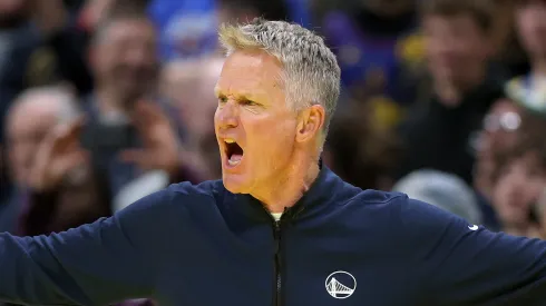 Head coach Steve Kerr of the Golden State Warriors questions the officials while playing against the Denver Nuggets