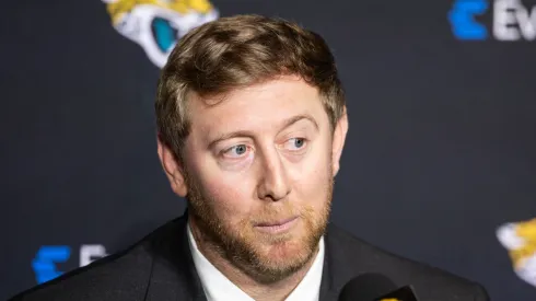 Liam Coen, new Head Coach of the Jacksonville Jaguars, looks on as he is introduced to the media at the Miller Electric Center on January 27, 2025 in Jacksonville, Florida.
