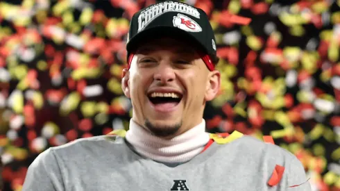 Patrick Mahomes #15 of the Kansas City Chiefs celebrates after the Chiefs defeated the Buffalo Bills 32-29 to win the AFC Championship Game at GEHA Field at Arrowhead Stadium on January 26, 2025 in Kansas City, Missouri.