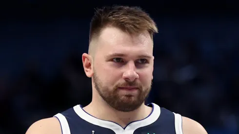Luka Doncic #77 of the Dallas Mavericks reacts after making a three-point basket against the San Antonio Spurs in the third quarter at American Airlines Center on October 24, 2024 in Dallas, Texas.