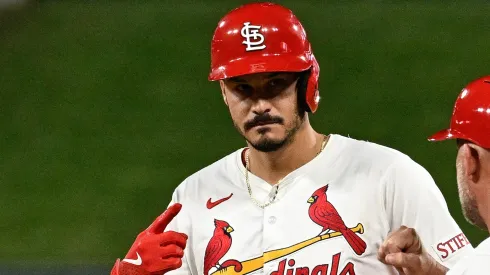 Nolan Arenado #28 of the St. Louis Cardinals celebrates after hitting an RBI single against the Pittsburgh Pirates in the fourth inning at Busch Stadium on September 16, 2024 in St Louis, Missouri.