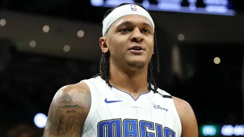 Paolo Banchero #5 of the Orlando Magic walks backcourt during a game against the Milwaukee Bucks at Fiserv Forum on January 15, 2025 in Milwaukee, Wisconsin.