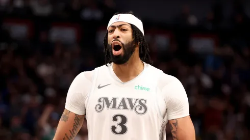 Anthony Davis #3 of the Dallas Mavericks reacts after a basket during the third quarter against the Houston Rockets