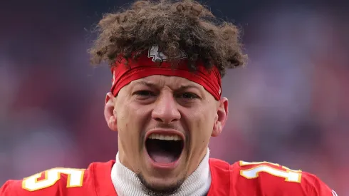 Patrick Mahomes #15 of the Kansas City Chiefs reacts prior to the AFC Divisional Playoff against the Houston Texans at GEHA Field at Arrowhead Stadium on January 18, 2025 in Kansas City, Missouri.