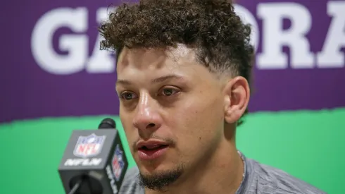 Patrick Mahomes #15 of the Kansas City Chiefs speaks to the media during a press conference after losing to the Philadelphia Eagles 40-22 in Super Bowl LIX at Caesars Superdome on February 09, 2025 in New Orleans, Louisiana.