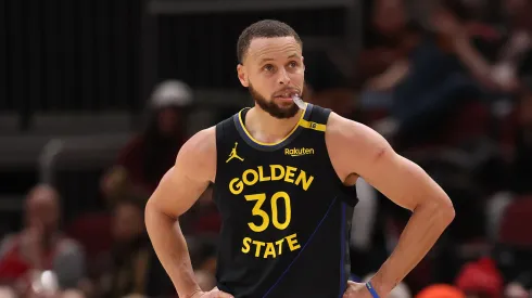 Stephen Curry #30 of the Golden State Warriors looks on against the Chicago Bulls