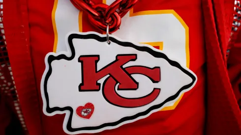 A detailed view of the Kansas City Chiefs logo on a fan prior to the AFC Championship Game against the Cincinnati Bengals at GEHA Field at Arrowhead Stadium on January 29, 2023 in Kansas City, Missouri.