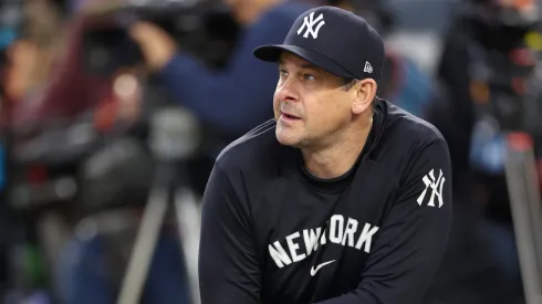 Manager Aaron Boone #17 of the New York Yankees watches during batting practice ahea of Game Four of the 2024 World Series at Yankee Stadium on October 29, 2024 in New York City.