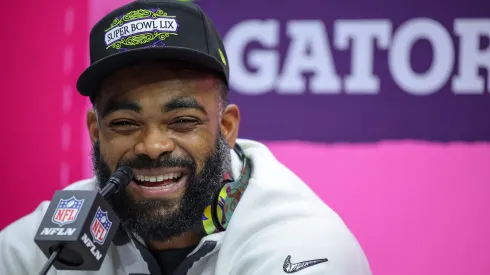 Brandon Graham #55 of the Philadelphia Eagles addresses the media during Super Bowl LIX Opening Night at Caesars Superdome on February 03, 2025 in New Orleans, Louisiana.