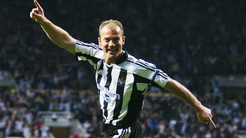 Alan Shearer of Newcastle United celebrates the first goal during the UEFA Cup Quarter Final Second Leg match between Newcastle United and PSV Eindhoven at St James Park, on April 14, 2004.