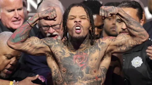 WBA lightweight champion Gervonta Davis strikes a pose in front Frank Martin during an official weigh-in at MGM Grand Garden Arena on June 14, 2024 in Las Vegas, Nevada.