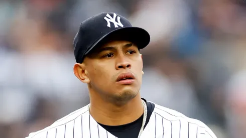 Jonathan Loaisiga #43 of the New York Yankees looks on during the seventh inning against the Philadelphia Phillies at Yankee Stadium on April 05, 2023 in the Bronx borough of New York City.