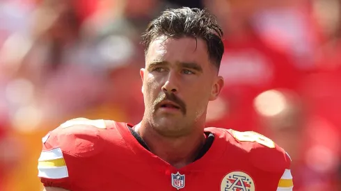 Travis Kelce #87 of the Kansas City Chiefs warms up prior to the game against the Cincinnati Bengals at GEHA Field at Arrowhead Stadium on September 15, 2024 in Kansas City, Missouri.