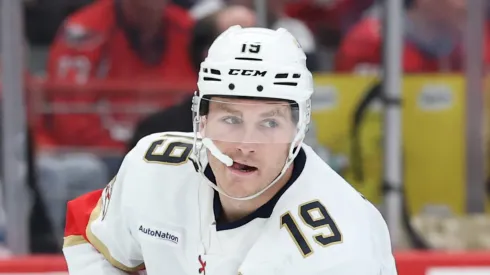 Matthew Tkachuk #19 of the Florida Panthers looks on against the Washington Capitals at Capital One Arena on February 04, 2025 in Washington, DC.