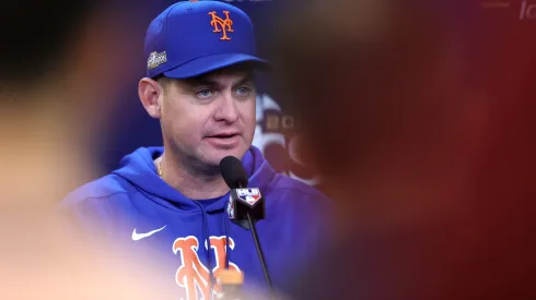 Manager Carlos Mendoza of the New York Mets speaks to the media during a press conference before Game Five of the Championship Series against the Los Angeles Dodgers at Citi Field on October 18, 2024 in the Queens borough of New York City.