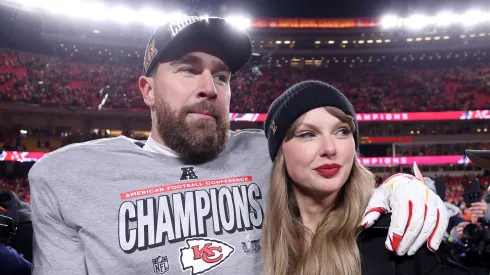 Taylor Swift celebrates with Travis Kelce after the Kansas City Chiefs won the AFC Championship Game