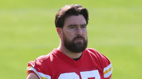 Travis Kelce #87 of the Kansas City Chiefs looks on during a practice ahead of Super Bowl LIX at Tulane University’s Yulman Stadium on February 05, 2025 in New Orleans, Louisiana.