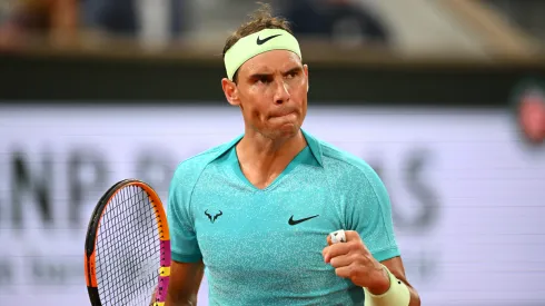 Rafael Nadal of Spain celebrates a point against Alexander Zverev during the 2024 Roland Garros.