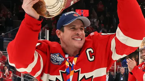 Sidney Crosby of Team Canada celebrates after defeating Team USA in overtime to win the 4 Nations Face-Off Championship Game.