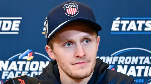 Jake Guentzel #59 of the United States takes questions during media day ahead of the 2025 NHL 4 Nations Face-Off at the Bell Centre on February 11, 2025 in Montreal, Quebec, Canada.