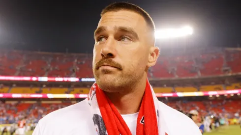 An injured Travis Kelce #87 of the Kansas City Chiefs reacts after their loss to the Detroit Lions at GEHA Field at Arrowhead Stadium on September 07, 2023 in Kansas City, Missouri.