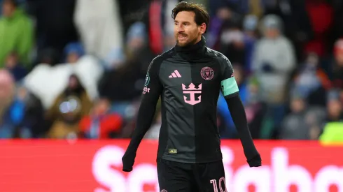 Lionel Messi of Inter Miami reacts during a 2025 Concacaf Champions Cup first leg match between Sporting Kansas City and Inter Miami.