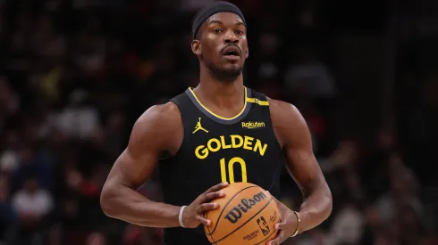 Jimmy Butler #10 of the Golden State Warriors in action against the Chicago Bulls during the second half at the United Center on February 08, 2025 in Chicago, Illinois.