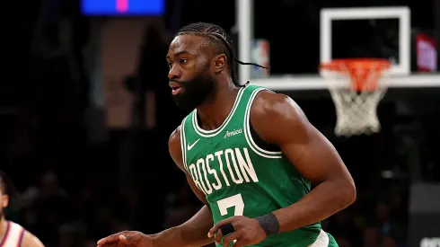Jaylen Brown #7 of the Boston Celtics dribbles downcourt against the New York Knick