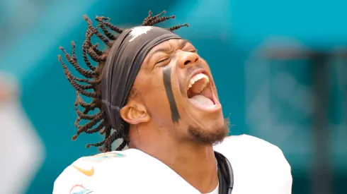 Jevon Holland #8 of the Miami Dolphins reacts prior to a game against the Denver Broncos at Hard Rock Stadium on September 24, 2023 in Miami Gardens, Florida.
